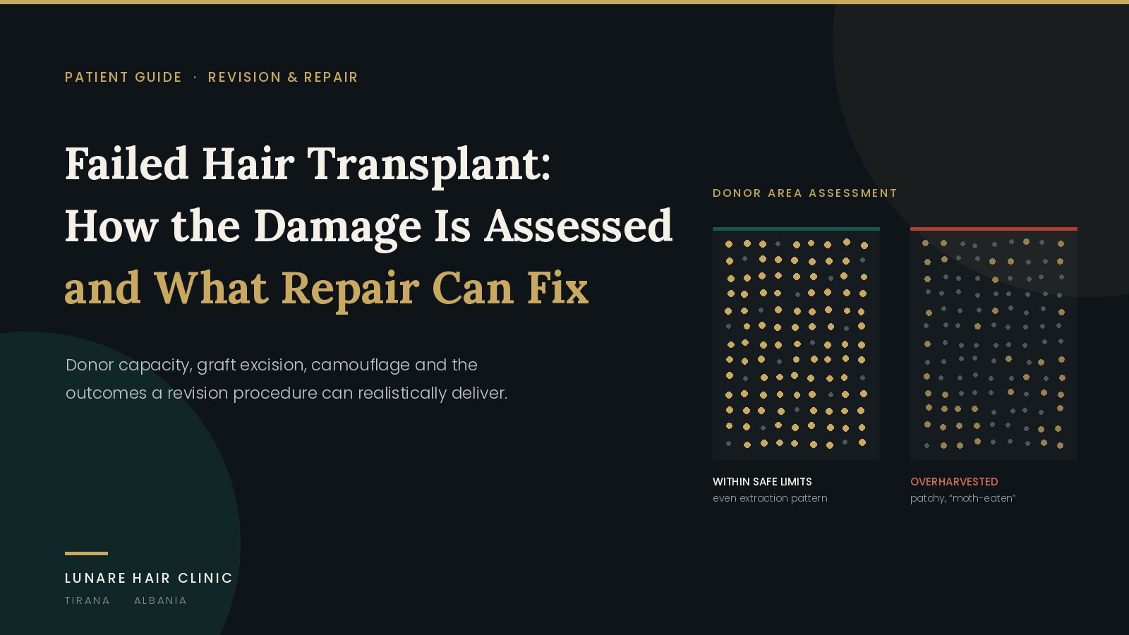 Diagram comparing an evenly harvested donor area with an overharvested, moth-eaten donor area after a failed hair transplant
