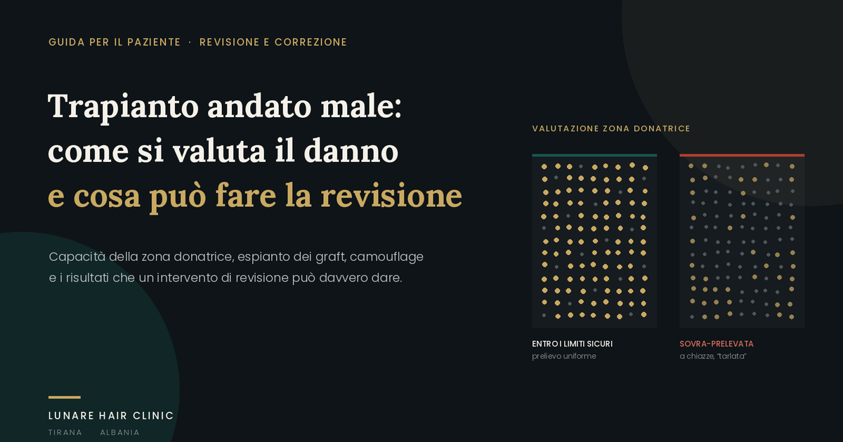 Diagramma che confronta un'area donatrice prelevata in modo uniforme con un'area donatrice sovraprelevata e dall'aspetto tarlato dopo un trapianto di capelli fallito